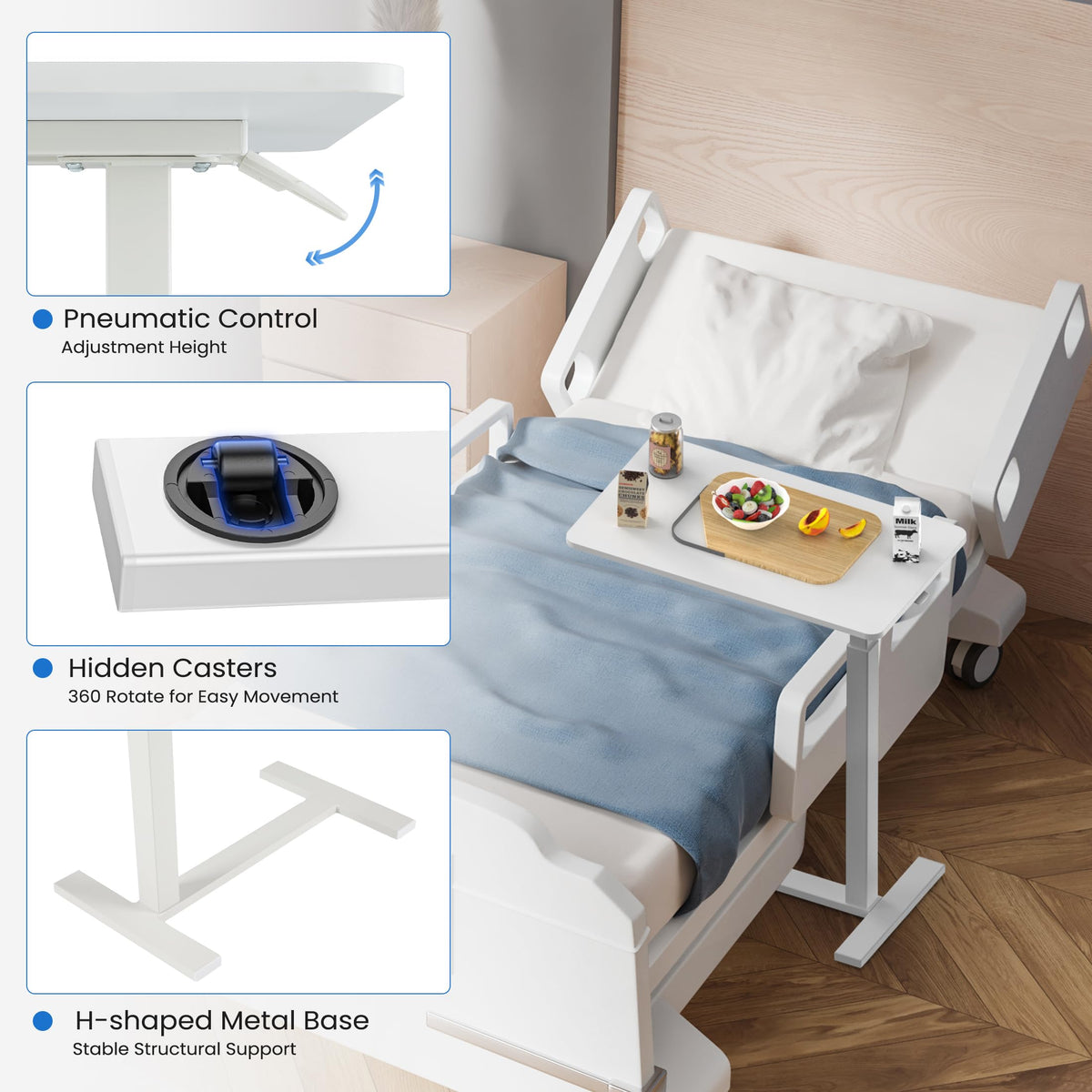 Hospital Over Bed Table with Wheels White R30084