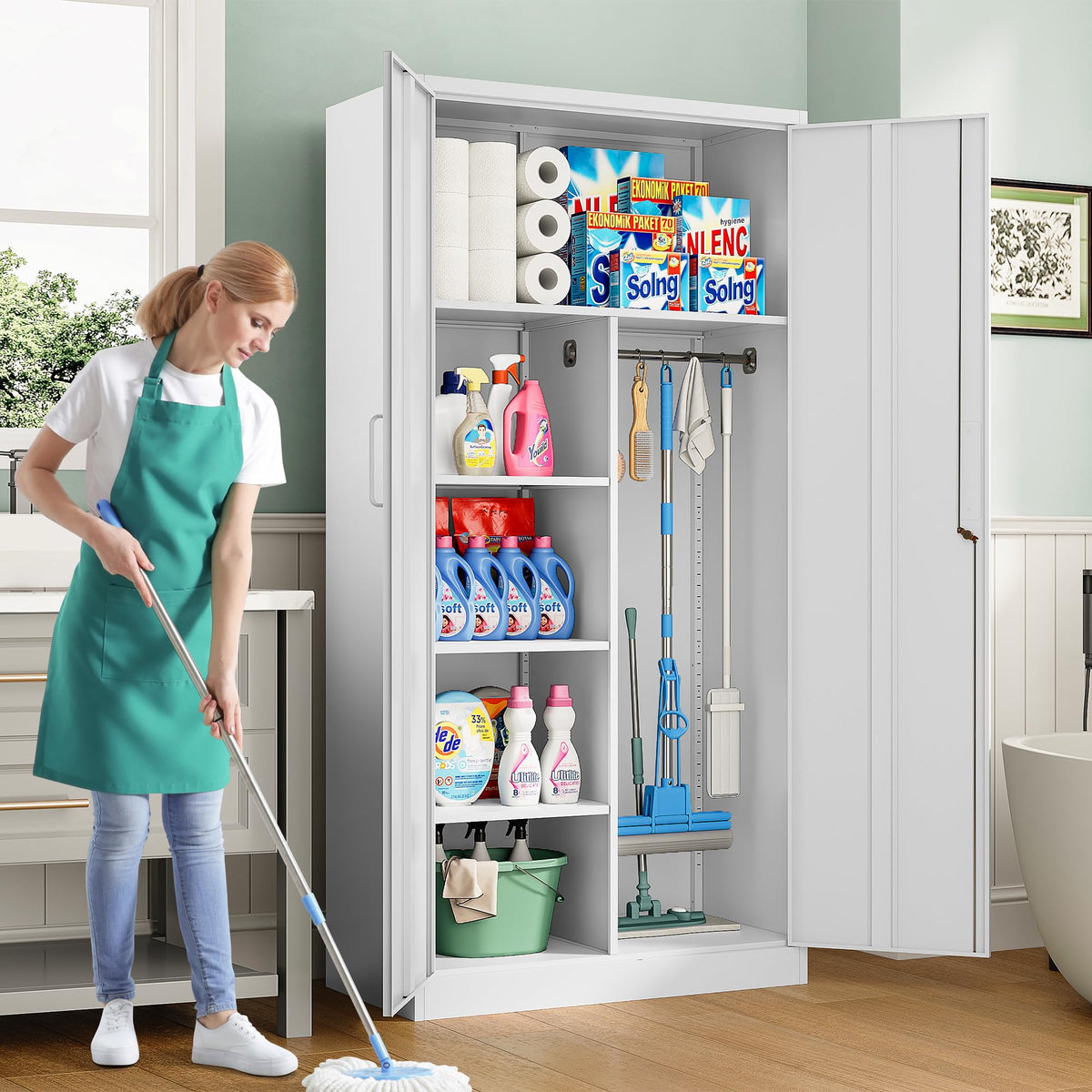 White Metal Storage Cabinet with Hanging Rod and Lock J7132