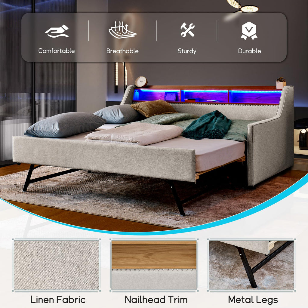 Linen Upholstered Daybed with Pop Up Trundle and USB Charging K5315