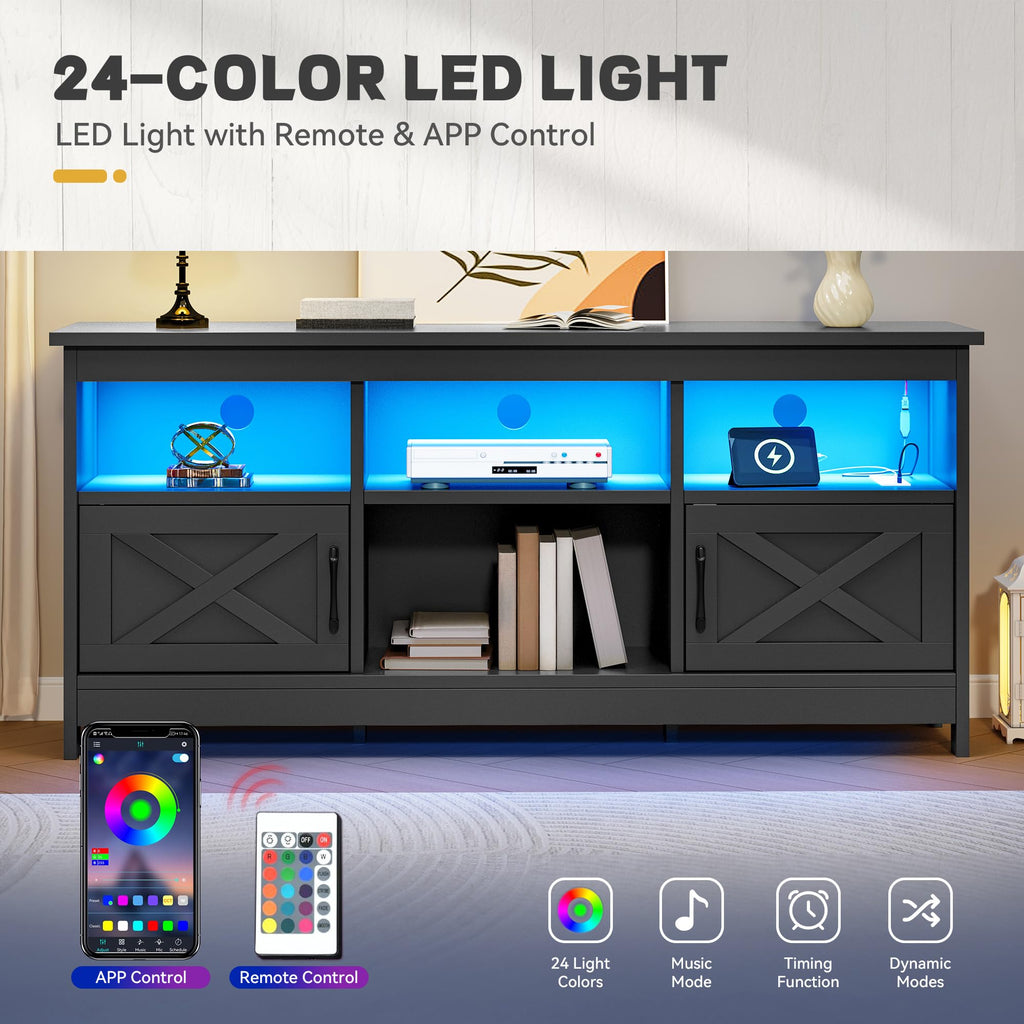 Black TV Stand with Power Outlet and LED Light Q961