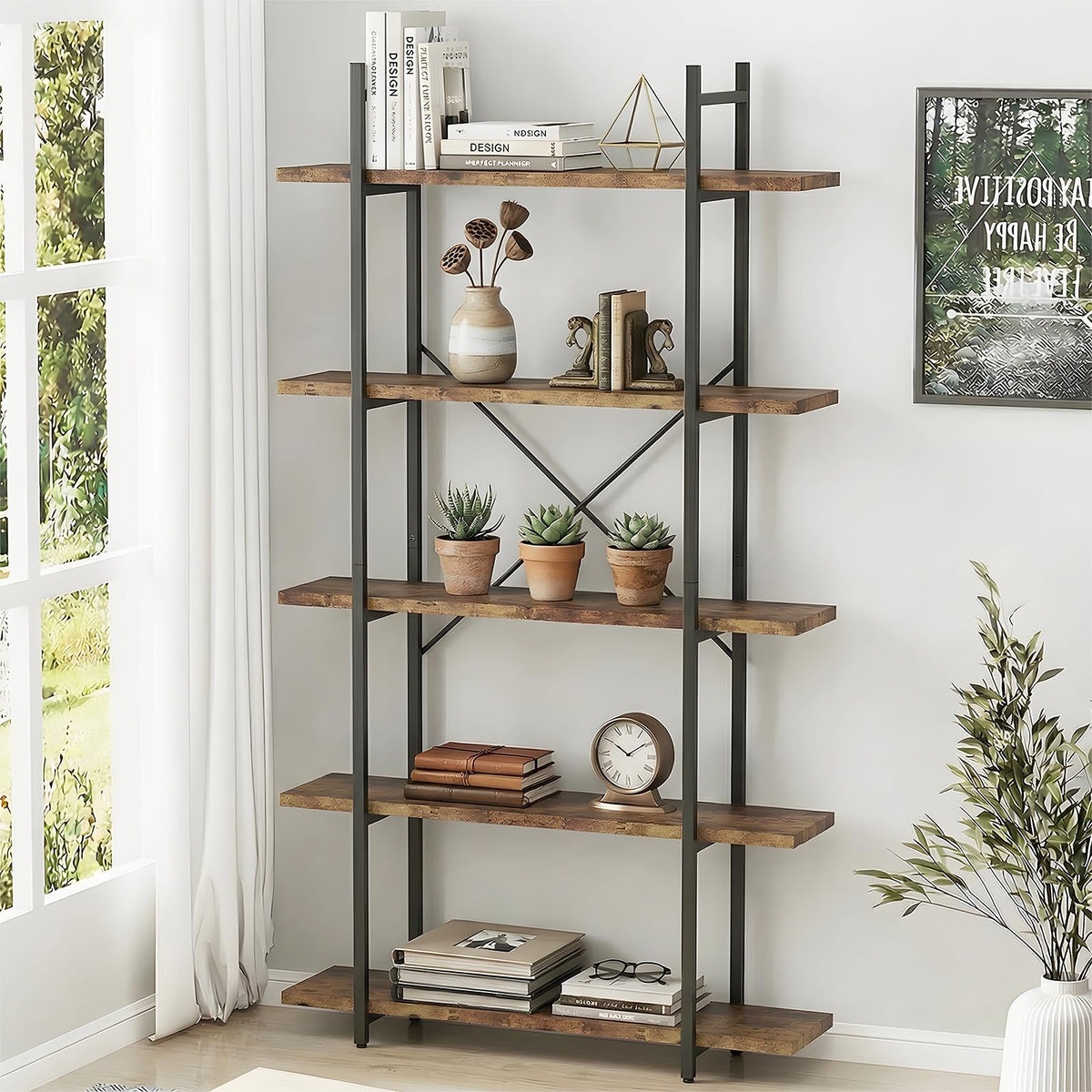 5 Tiers Rustic Brown and Metal Bookshelf E34711