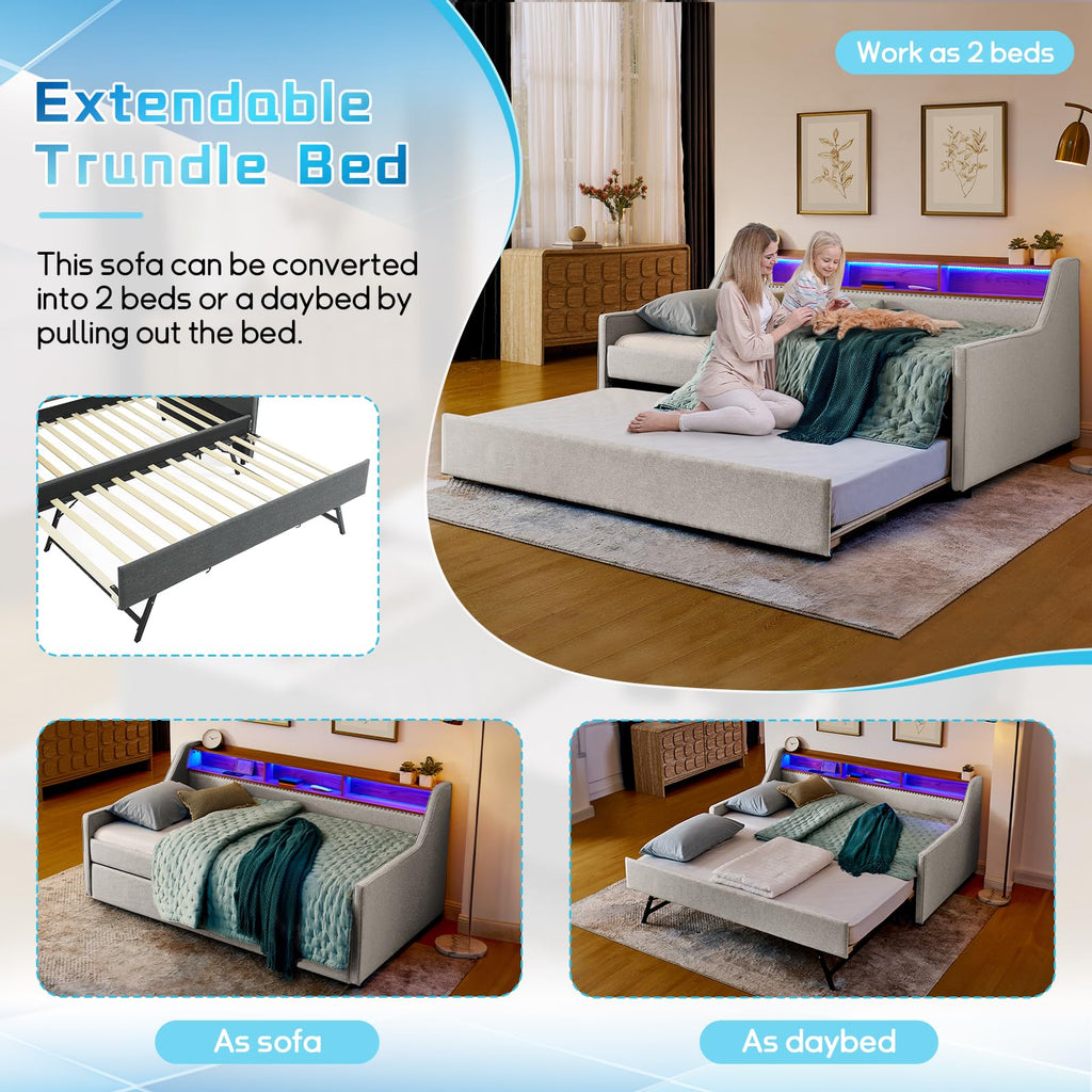 Linen Upholstered Daybed with Pop Up Trundle and USB Charging K5315