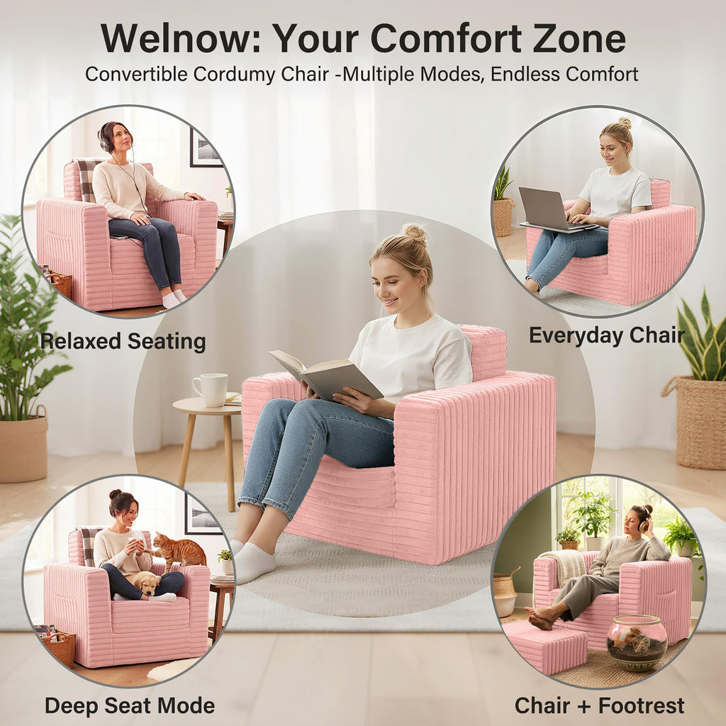 Pink Folding Sofa Bed with Ottoman F8832