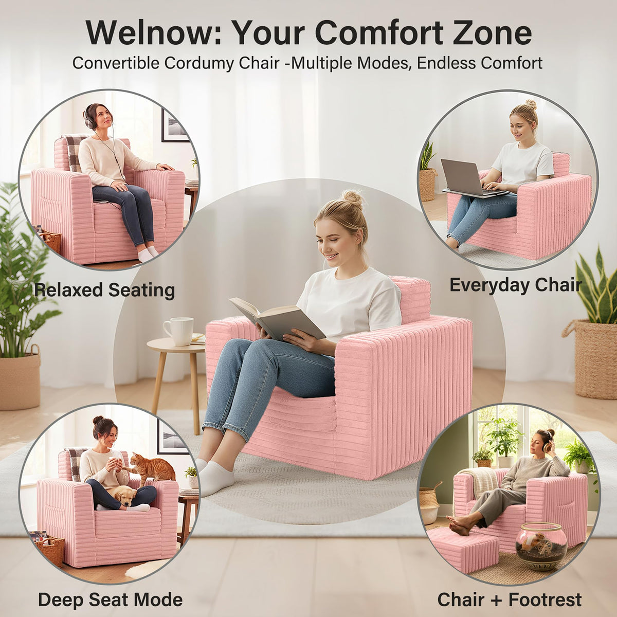 Pink Folding Sofa Bed with Ottoman F8832