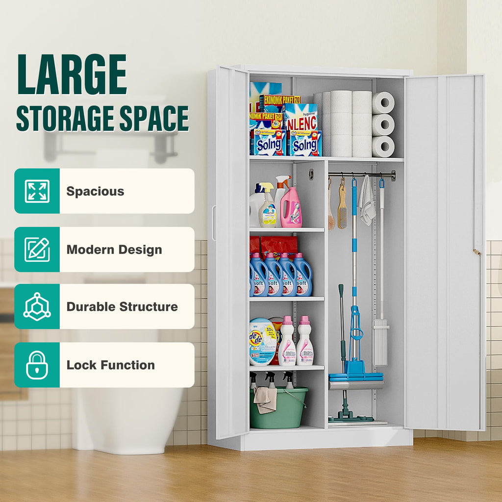 White Metal Storage Cabinet with Hanging Rod and Lock J7132