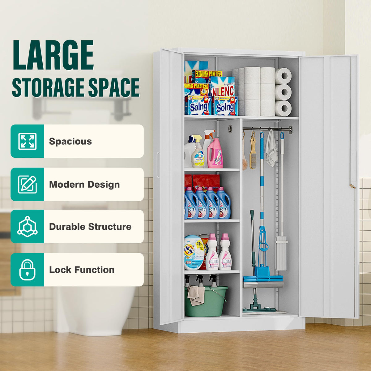 White Metal Storage Cabinet with Hanging Rod and Lock J7132