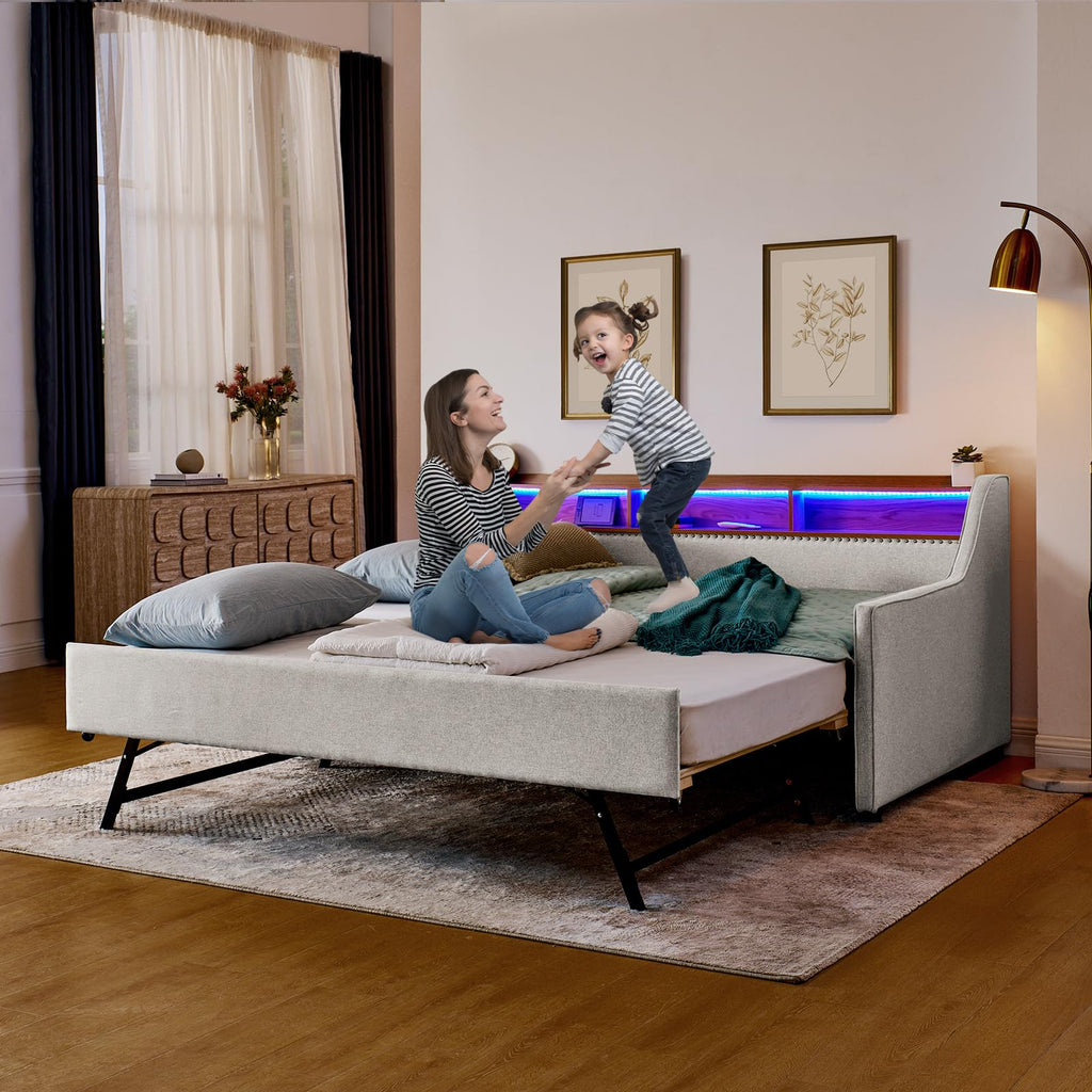Linen Upholstered Daybed with Pop Up Trundle and USB Charging K5315
