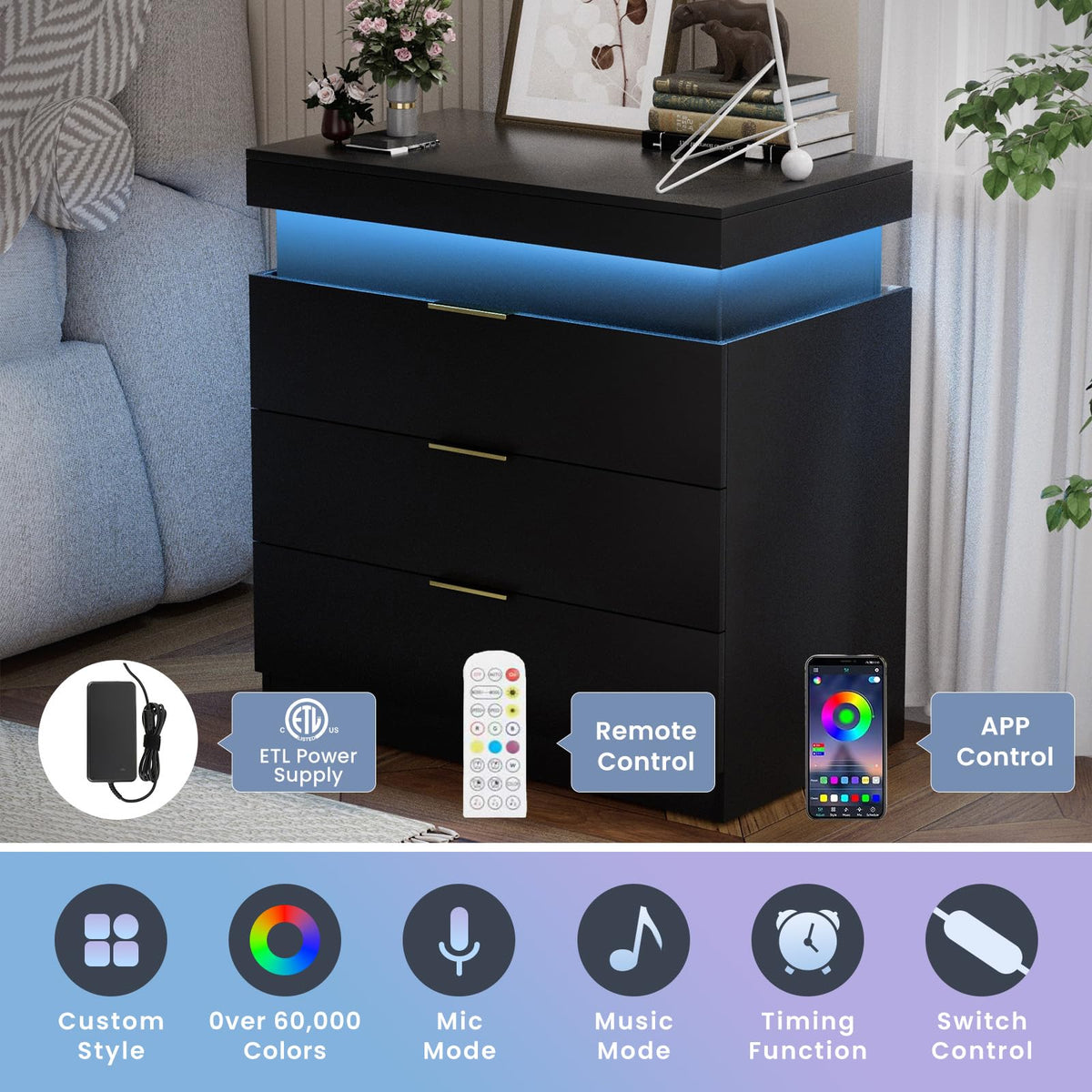 LED Smart Nightstand with Charging Station & RGB Lights I495