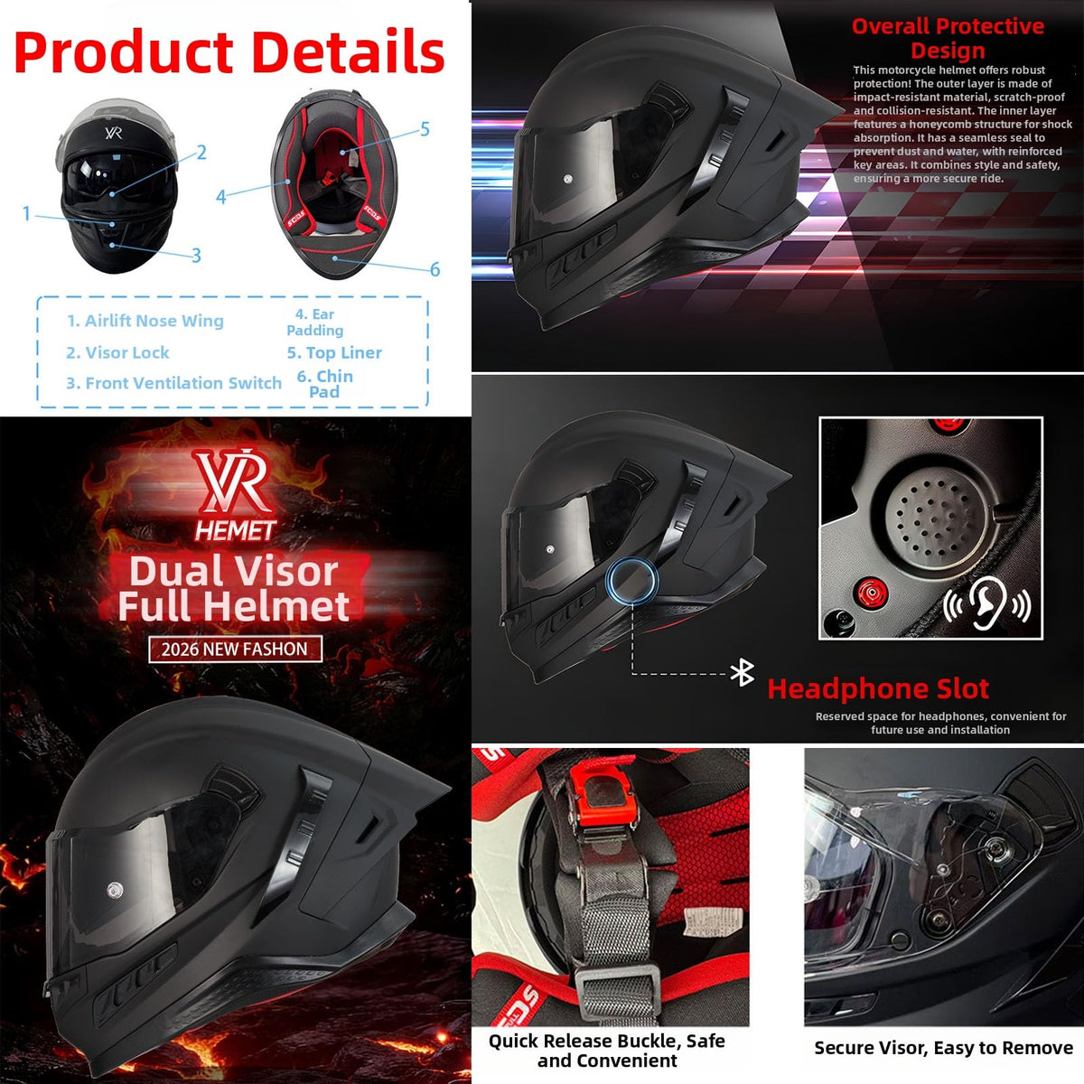 Full Face Motorcycle Helmet DOT Dual Sun Visor I8437