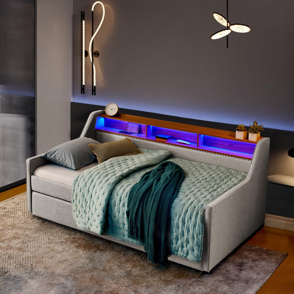 Linen Upholstered Daybed with Pop Up Trundle and USB Charging K5315