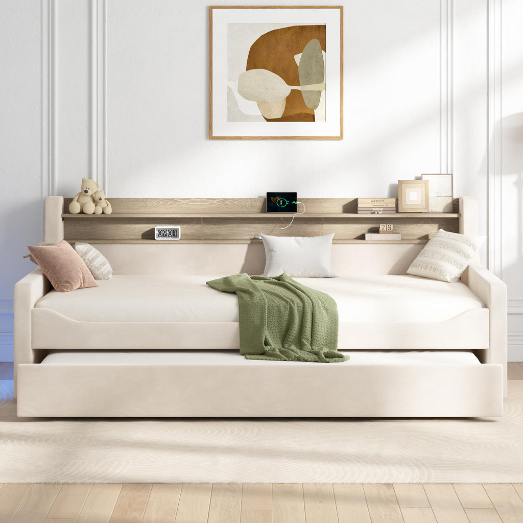 Twin Upholstered Daybed with Trundle and Storage Headboard Q7441