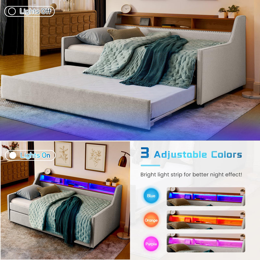 Linen Upholstered Daybed with Pop Up Trundle and USB Charging K5315