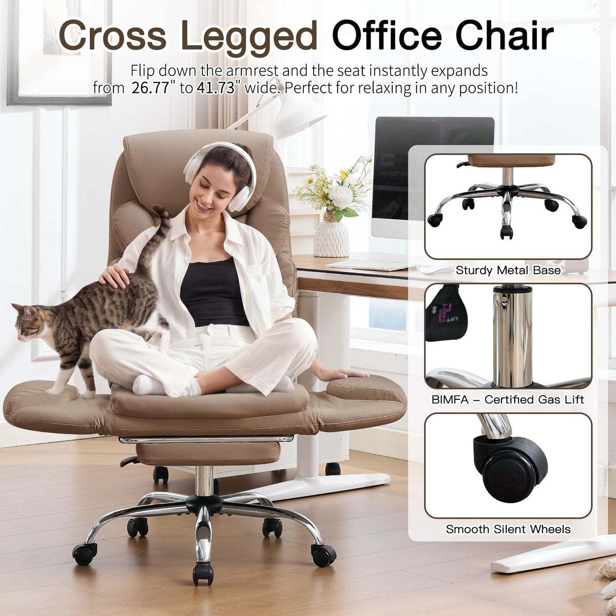 Cross Legged Office Chair with Flip Armrest and Footrest Brown O8750