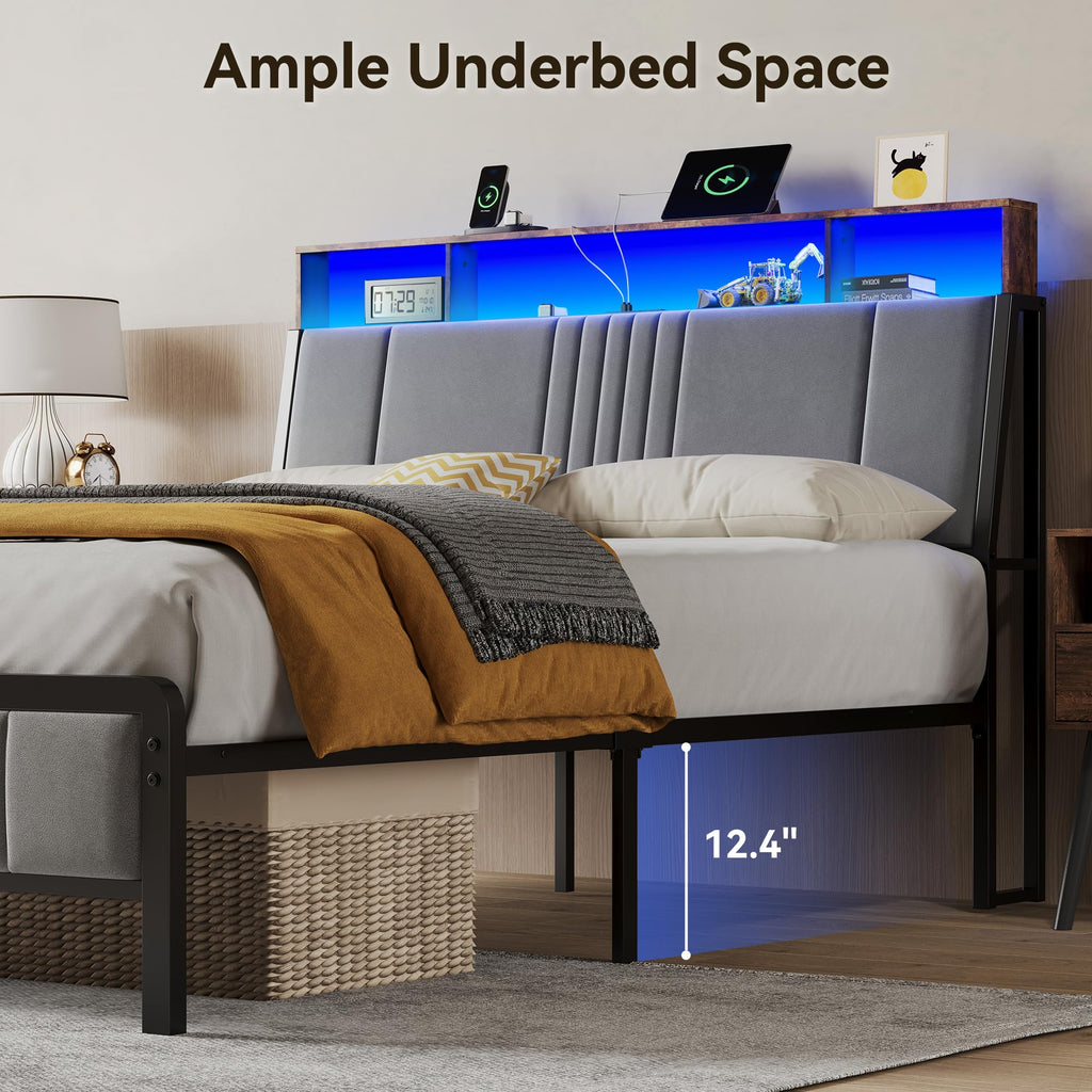 Full Size Upholstered Metal Platform Bed with Storage and Charging Station J51687