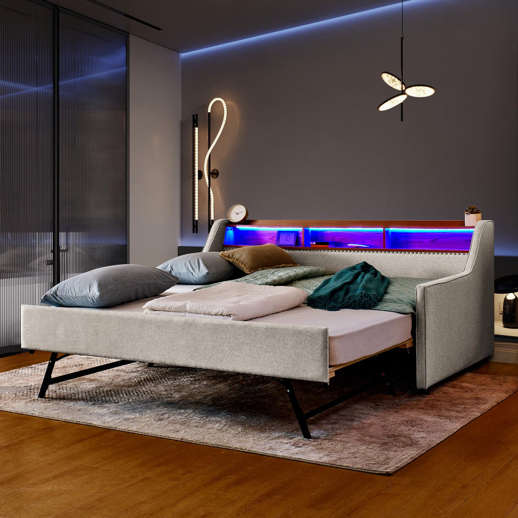 Linen Upholstered Daybed with Pop Up Trundle and USB Charging K5315