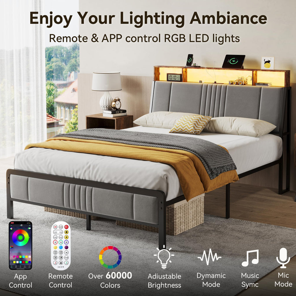 Full Size Upholstered Metal Platform Bed with Storage and Charging Station J51687