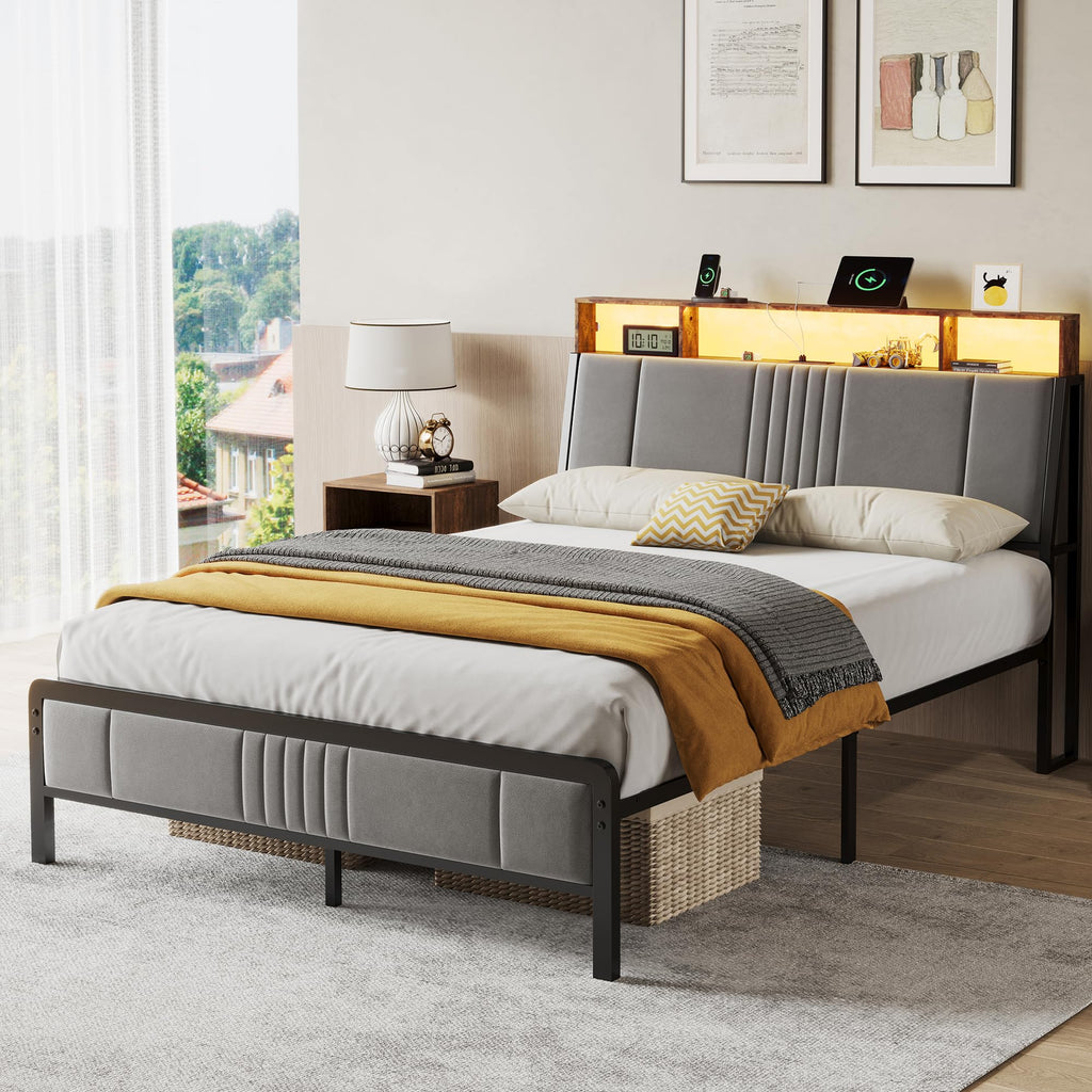 Full Size Upholstered Metal Platform Bed with Storage and Charging Station J51687