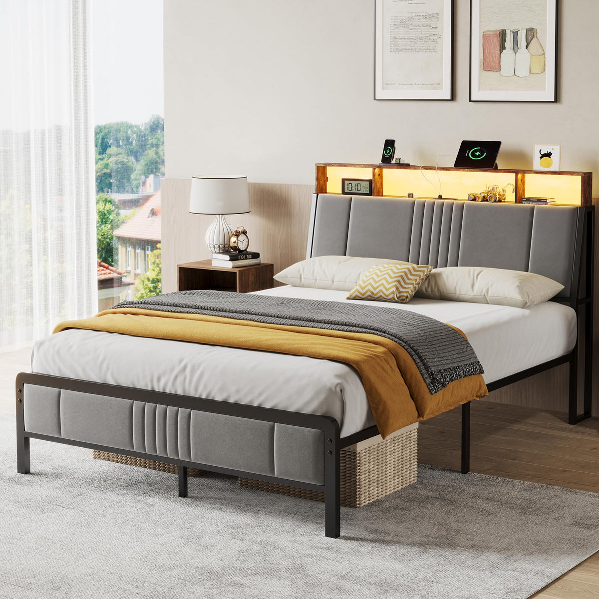 Full Size Upholstered Metal Platform Bed with Storage and Charging Station J51687