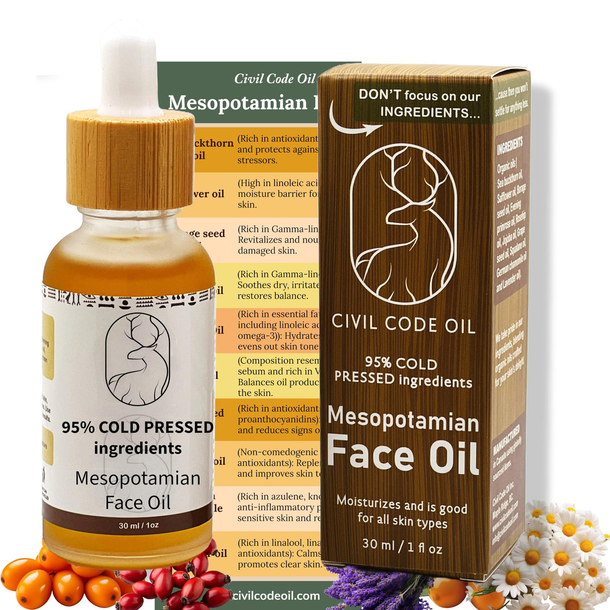 Organic Anti Aging Facial Oil with Sea Buckthorn, Jojoba, Squalane & Lavender 1oz U1439